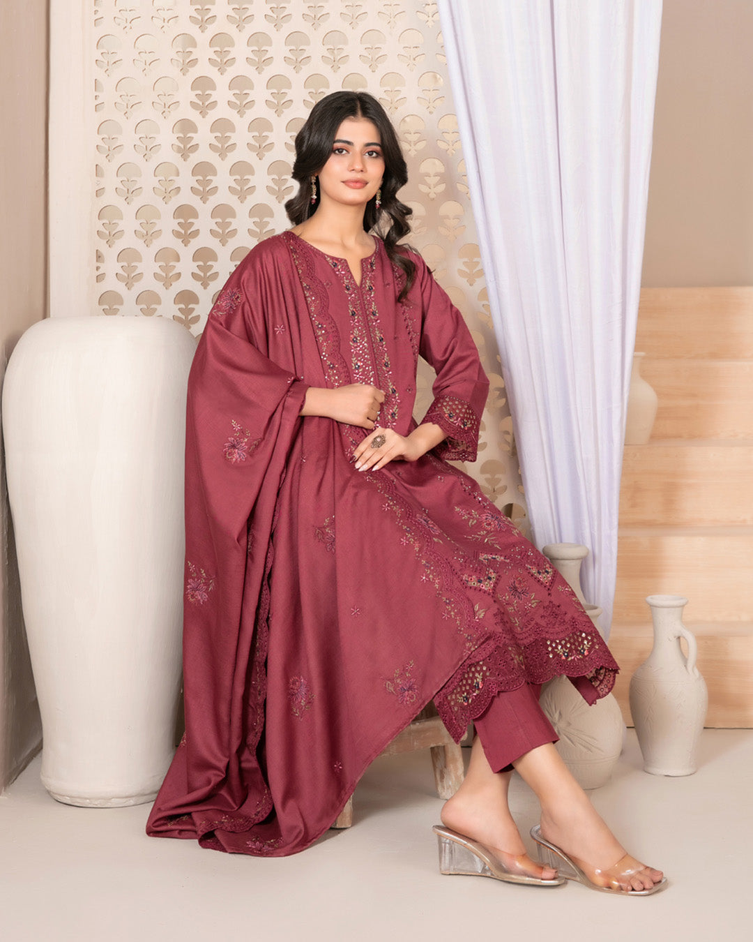 Tawakkal Firasha D-5357| 3-Piece Unstitched Embroidered Slub Viscose Suit for Women