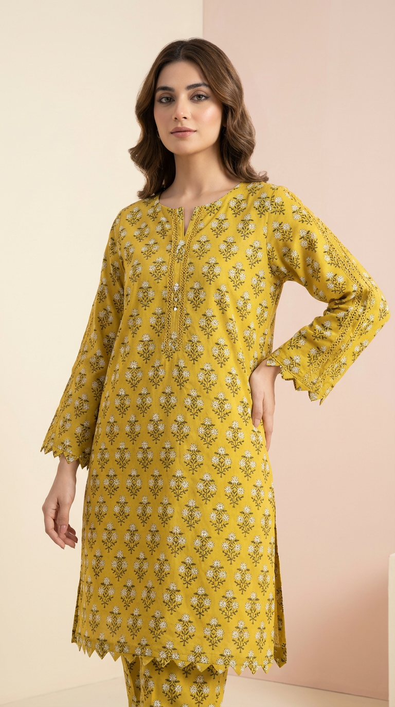 Floral Printed 2-Piece Co-ord Set – Mustard Yellow RTW | Dhagakari Sukoon Collection