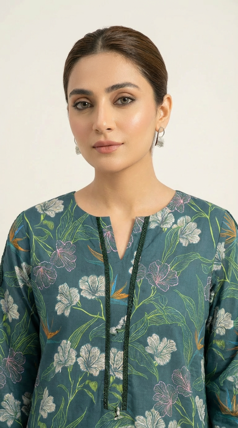 Elegant Floral Printed 2-Piece Co-Ord Set – Teal Green – Dhagakari Sukoon Collection