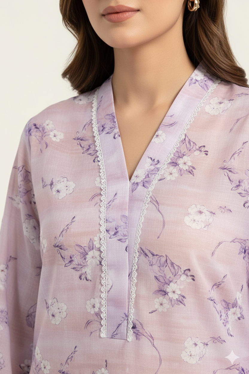 Lavender Bloom Stitched Co-Ord Set for Women | Floral Kurti with White Lace & Straight Pants – Dhagakaari
