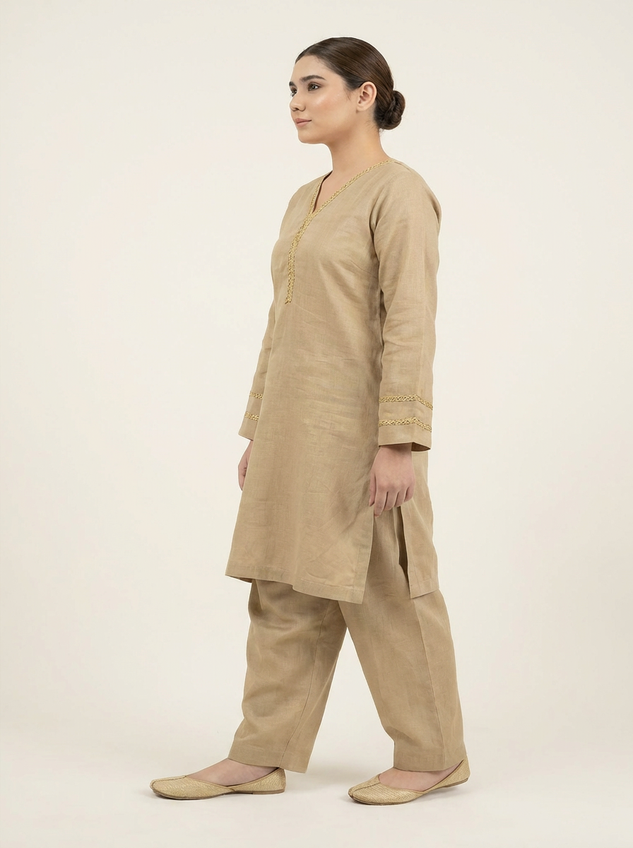 Golden Fawn Khaddar Suit | 2 Piece Ready-to-Wear Khaddar Outfit for Women | DHAGAKAARI