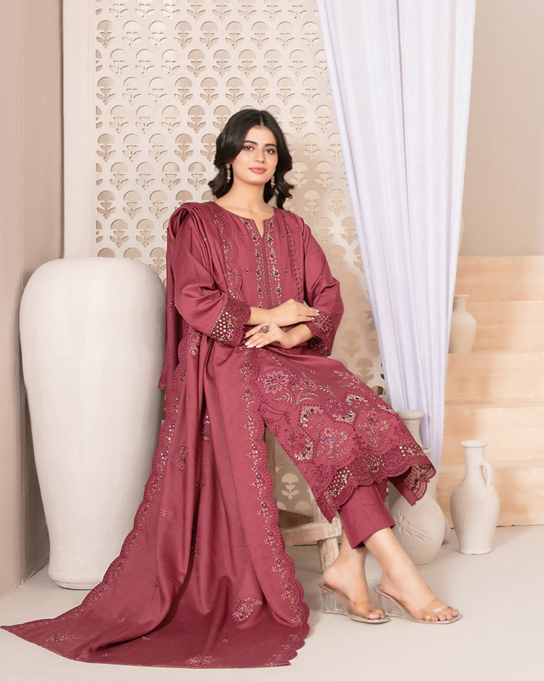 Tawakkal Firasha D-5357| 3-Piece Unstitched Embroidered Slub Viscose Suit for Women