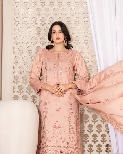 Tawakkal Firasha D-5363 | 3-Piece Unstitched Embroidered Slub Viscose Suit for Women