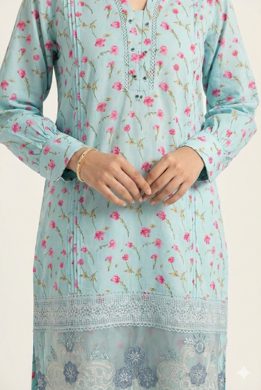 Floral Printed 2-Piece Co-ord Set – Powder Blue | Dhagakari Sukoon Collection