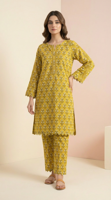 Floral Printed 2-Piece Co-ord Set – Mustard Yellow RTW | Dhagakari Sukoon Collection