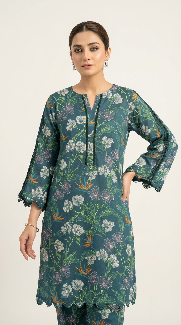 Elegant Floral Printed 2-Piece Co-Ord Set – Teal Green – Dhagakari Sukoon Collection