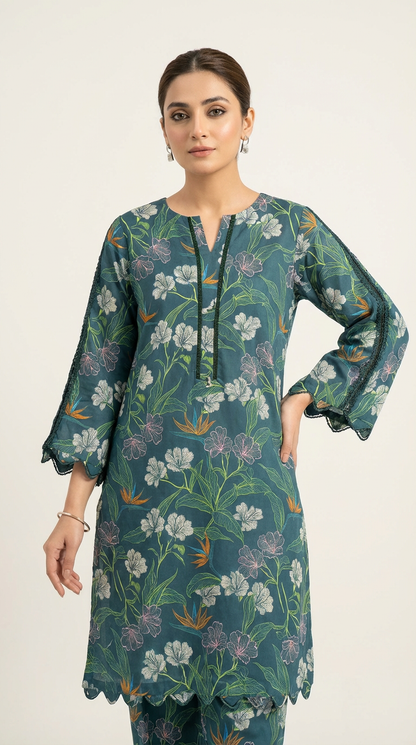 Elegant Floral Printed 2-Piece Co-Ord Set – Teal Green – Dhagakari Sukoon Collection