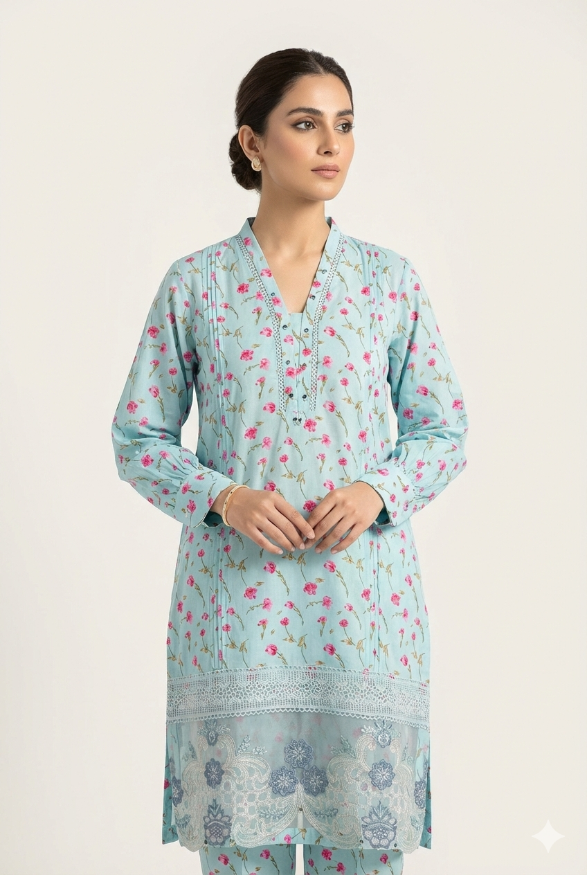 Floral Printed 2-Piece Co-ord Set – Powder Blue | Dhagakari Sukoon Collection
