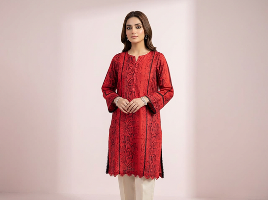 DHAGAKAARI Zaria Crimson Embroidered RTW Kurti – Ready to Wear One Piece