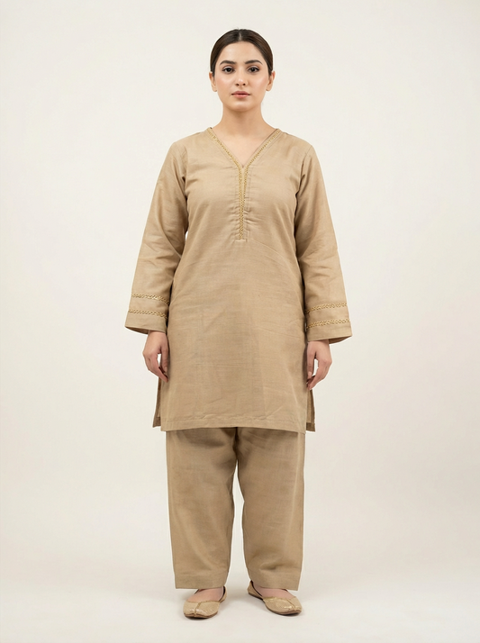 Golden Fawn Khaddar Suit | 2 Piece Ready-to-Wear Khaddar Outfit for Women | DHAGAKAARI