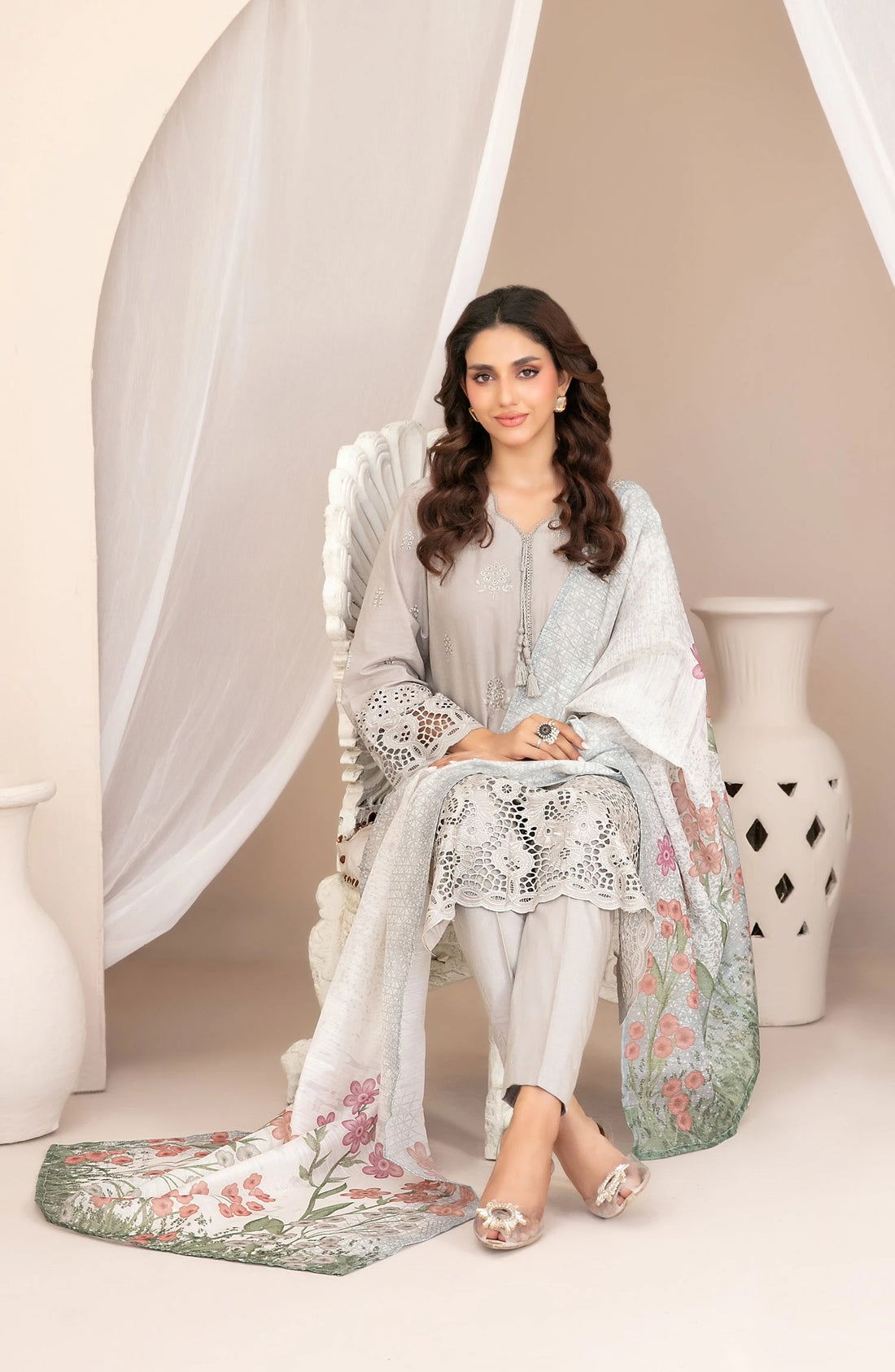 Nazifa by Tawakkal Fabrics Embroidered Schiffli Lawn Stitched 3 Piece Suit - D-1045 - TF26NZ - Grey - Summer Collection
