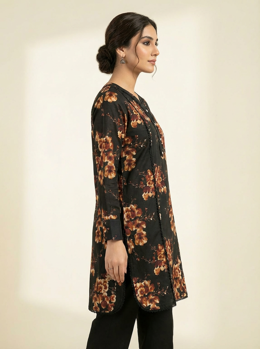 Dhaga Kaari Zohra Noir Bloom Printed One Piece Kurti RTW – Elegant Floral Everyday Wear