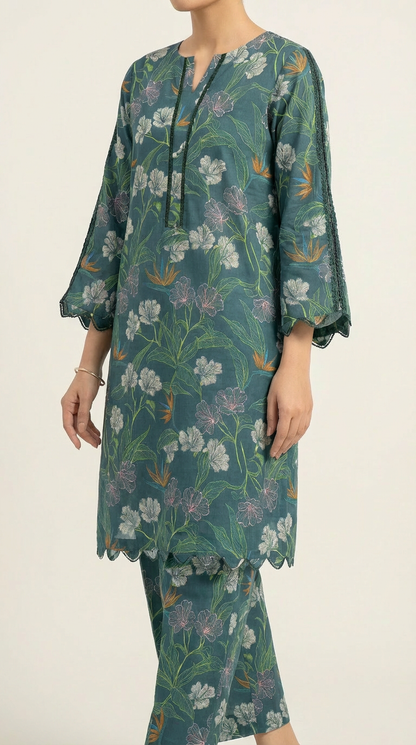Elegant Floral Printed 2-Piece Co-Ord Set – Teal Green – Dhagakari Sukoon Collection