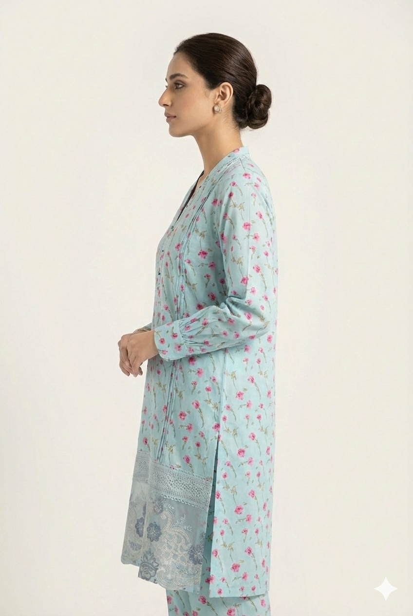 Floral Printed 2-Piece Co-ord Set – Powder Blue | Dhagakari Sukoon Collection