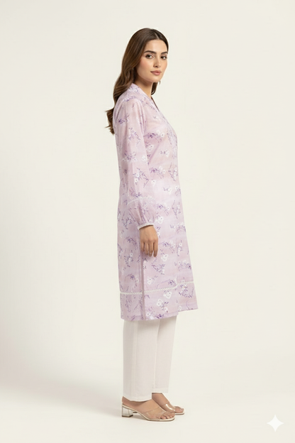 Lavender Bloom Stitched Co-Ord Set for Women | Floral Kurti with White Lace & Straight Pants – Dhagakaari