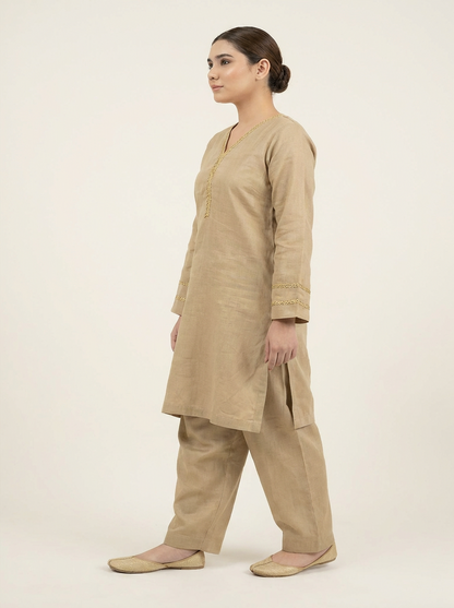 Golden Fawn Khaddar Suit | 2 Piece Ready-to-Wear Khaddar Outfit for Women | DHAGAKAARI