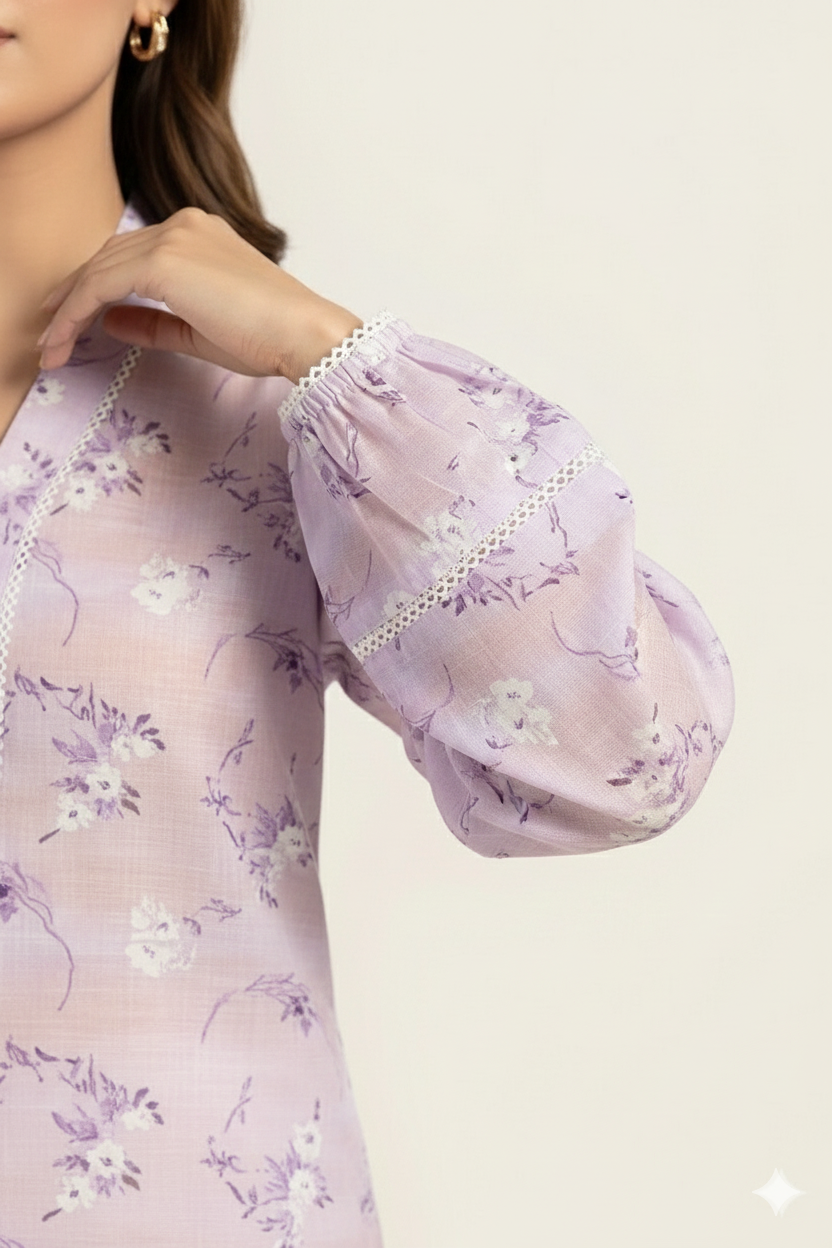 Lavender Bloom Stitched Co-Ord Set for Women | Floral Kurti with White Lace & Straight Pants – Dhagakaari