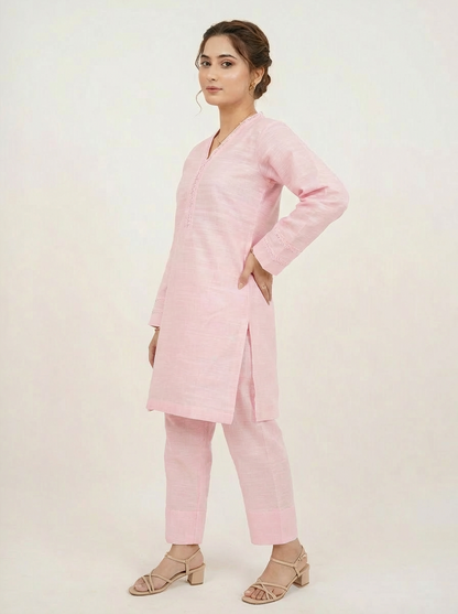 Soft Blush Khaddar Suit | 2 Piece Ready-to-Wear Khaddar Outfit for Women | DHAGAKAARI