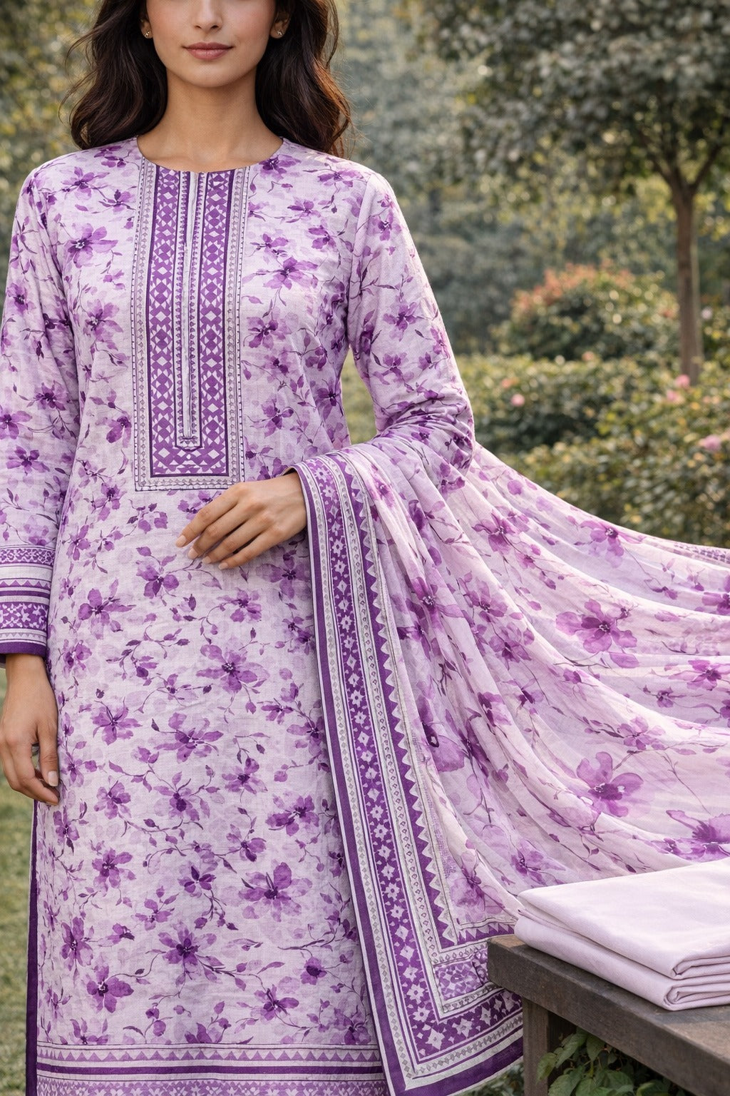 3 Piece Printed Lawn Suit - Purple