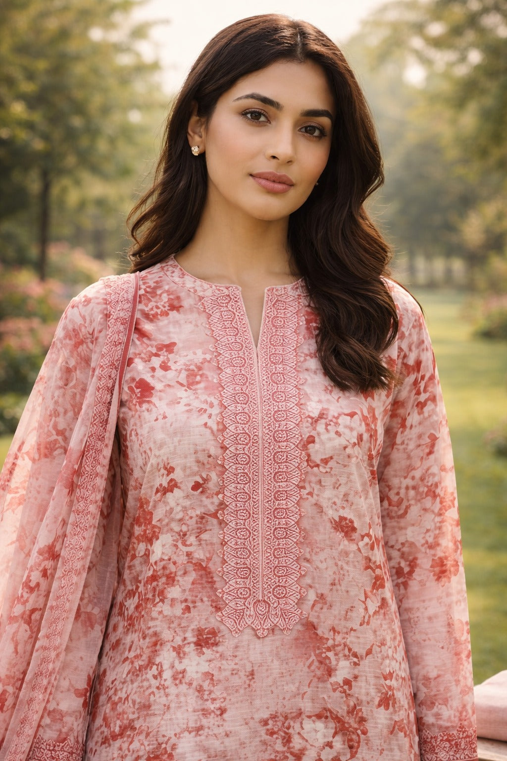 3 Piece Printed Lawn Suit - Peachish-Pink