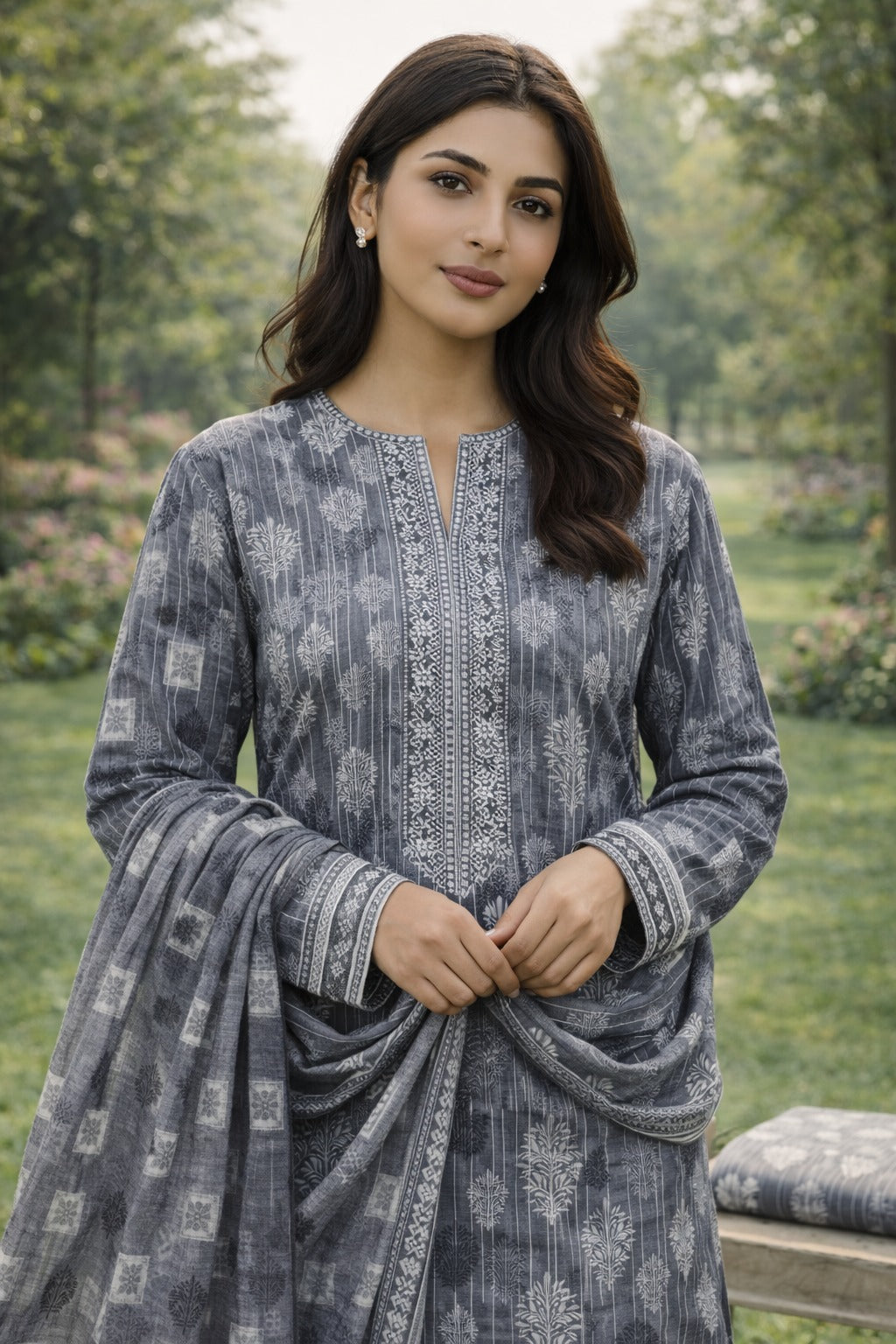 3 Piece Printed Lawn Suit - Grey