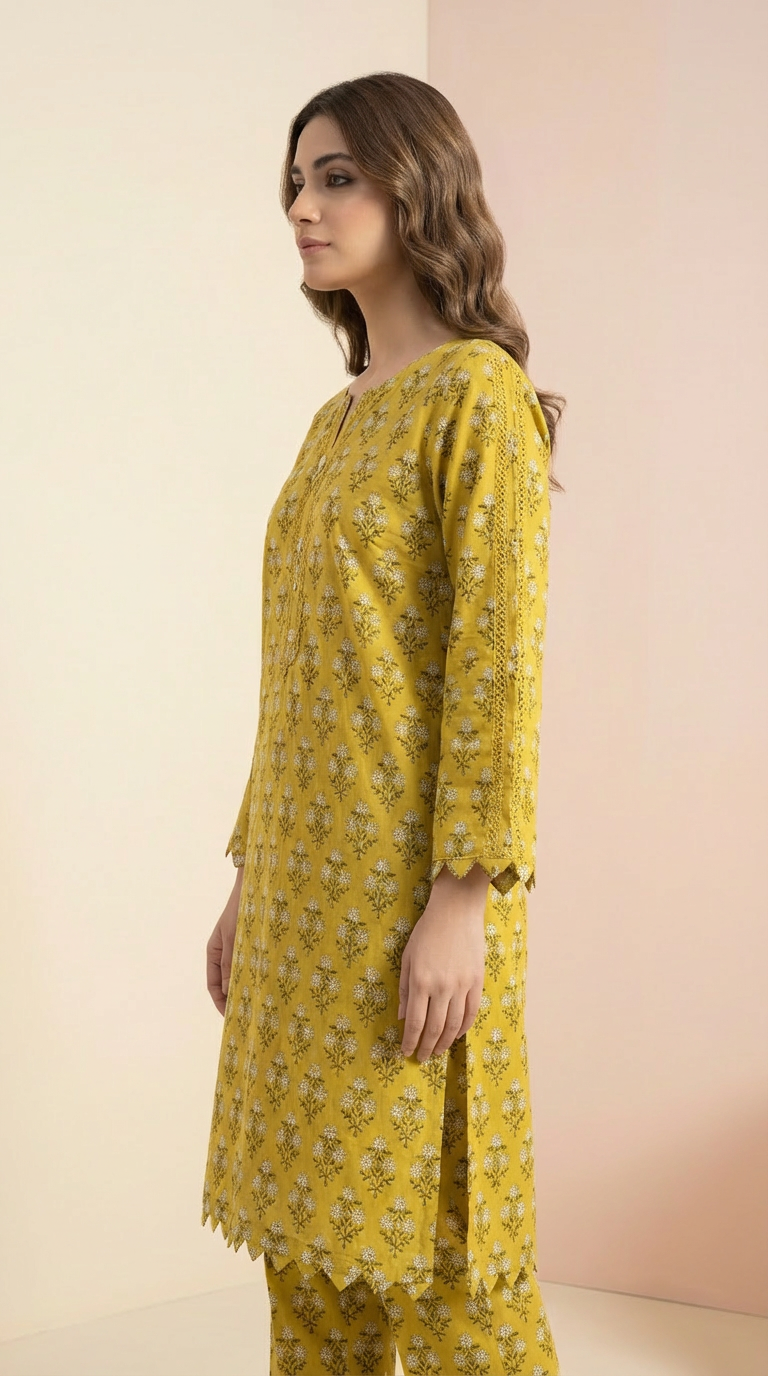 Floral Printed 2-Piece Co-ord Set – Mustard Yellow RTW | Dhagakari Sukoon Collection