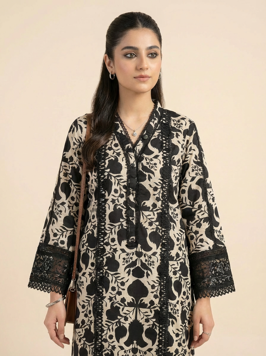DHAGAKAARI Noir Vine Printed One Piece RTW Kurti – Ready to Wear Everyday Elegance