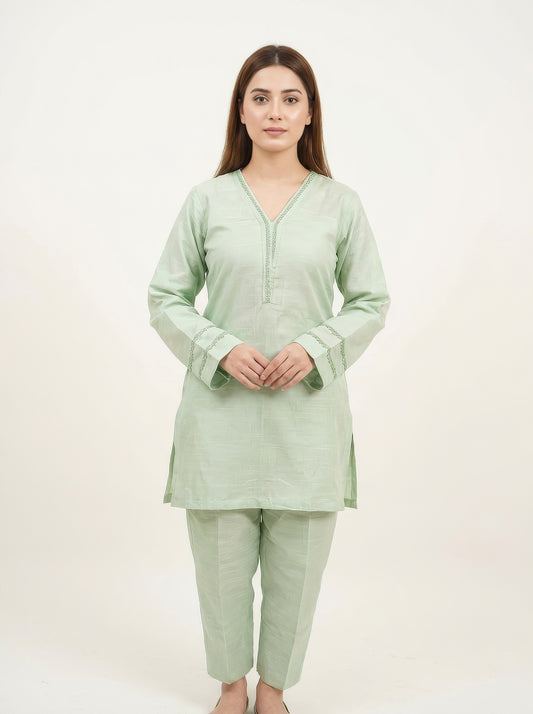 Soft Pistachio Khaddar Suit | 2 Piece Ready-to-Wear Khaddar Outfit for Women | DHAGAKARI