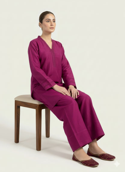 ZIYA Deep Magenta Khaddar Suit | 2 Piece Ready-to-Wear Khaddar Outfit for Women | DHAGAKAARI